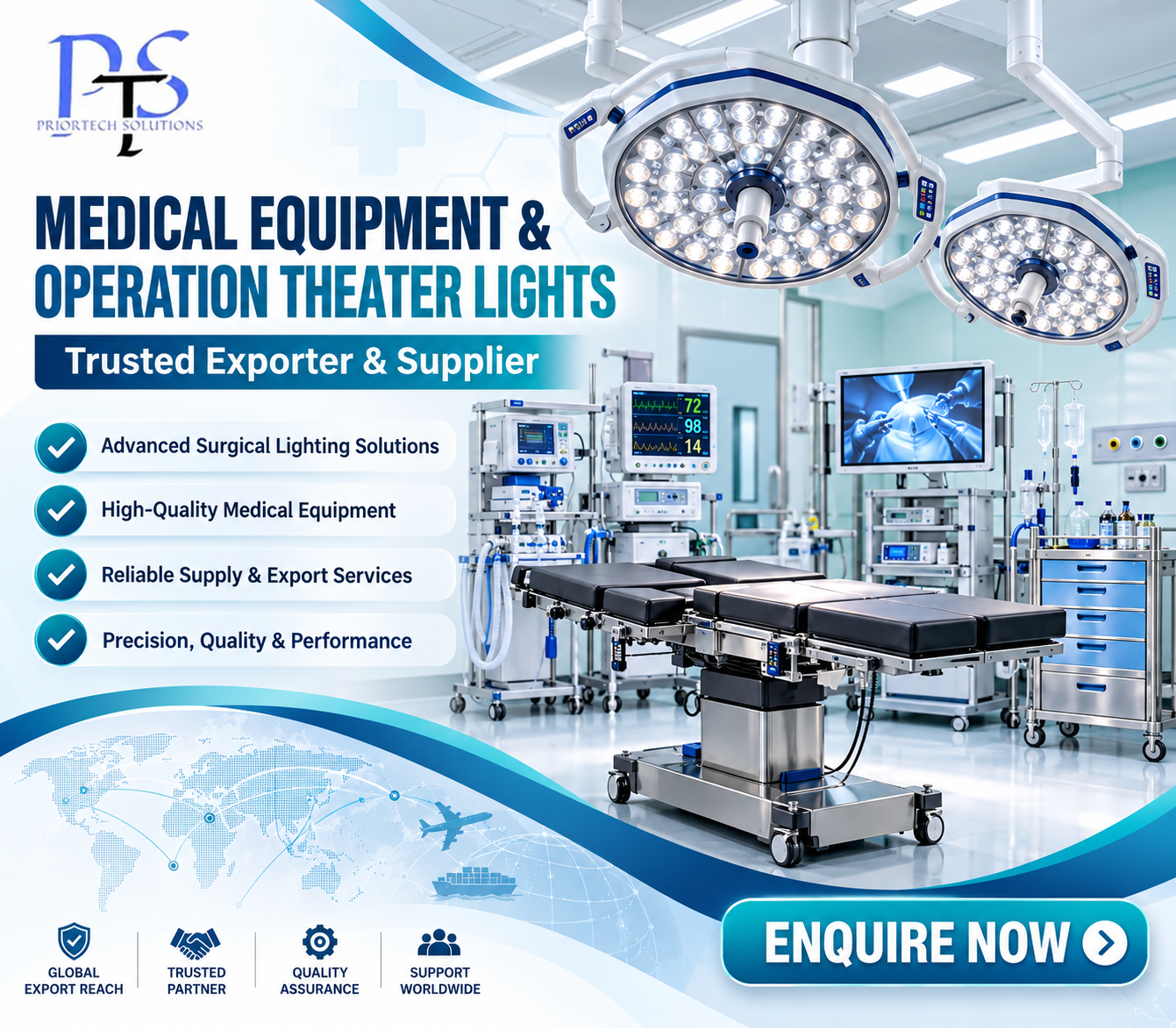 Prior Tech Solutions medical equipment, surgical lights, operation theatre table and export services